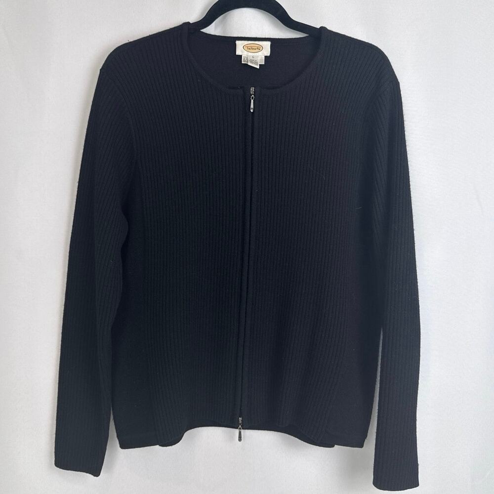 Talbots Womens Vintage 100% Wool Ribbed Zip Cardigan Size L Black Dark Academia